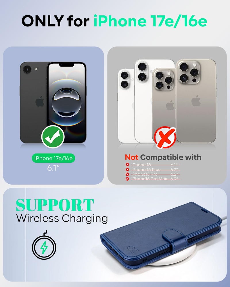 OCASE Compatible with iPhone 17e Case/iPhone 16e Wallet Case, PU Leather Flip Folio with Card Holders RFID Blocking Kickstand [Shockproof TPU Inner Shell] Phone Cover 6.1 Inch 2025, Blue - Image 2