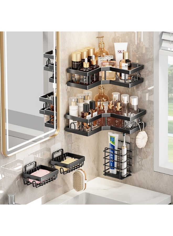 Bathroom Drill-free Triangle Basket Shelf Storage Rack Five-piece set，No-Drilling Shower Organizer, Shower Caddy Shelf,Easy to install（Black） - Image 1