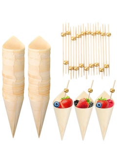 SYOSI 200 Pcs Disposable Wood Cones Pearl Cocktail Picks Fancy Bamboo Toothpicks for Appetizers Wooden Food Picks Ice Cream Cone Holder Cocktail Skewers for Drinks Wedding Birthday Party  - Image 1