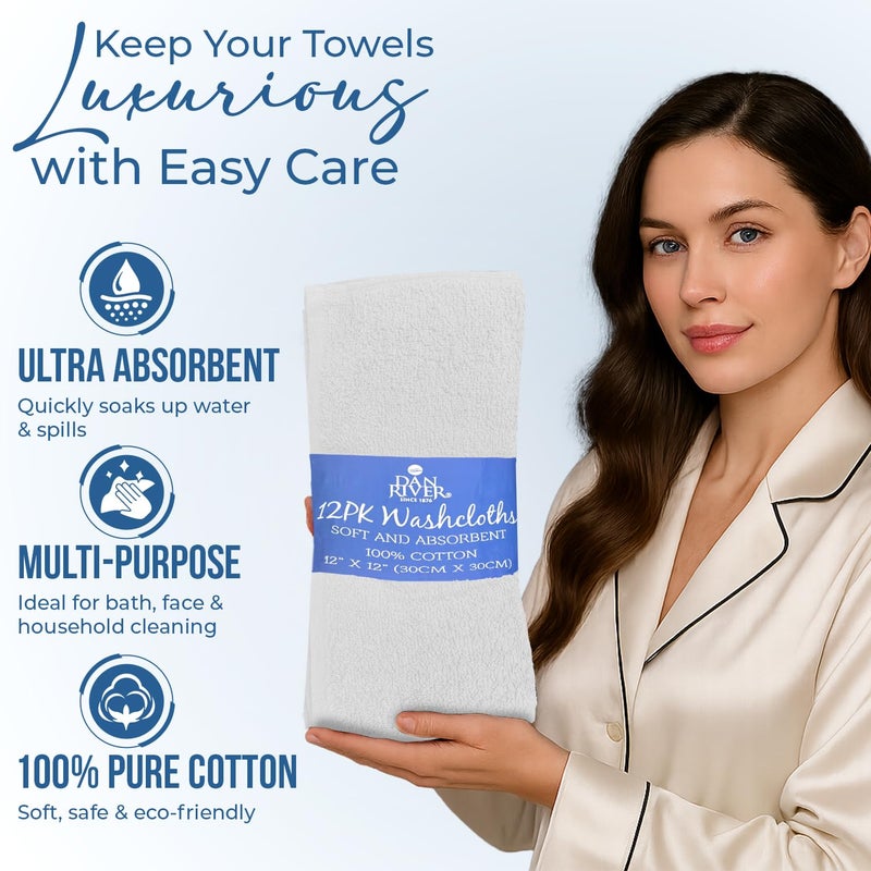 DAN RIVER 12 Pack Wash Cloths for Showering [12x12] - 100% Cotton Washcloths Premium Quality Flannel Face Cloths for Bathroom, Highly Absorbent and Soft Feel Wash Clothes, White - Image 4