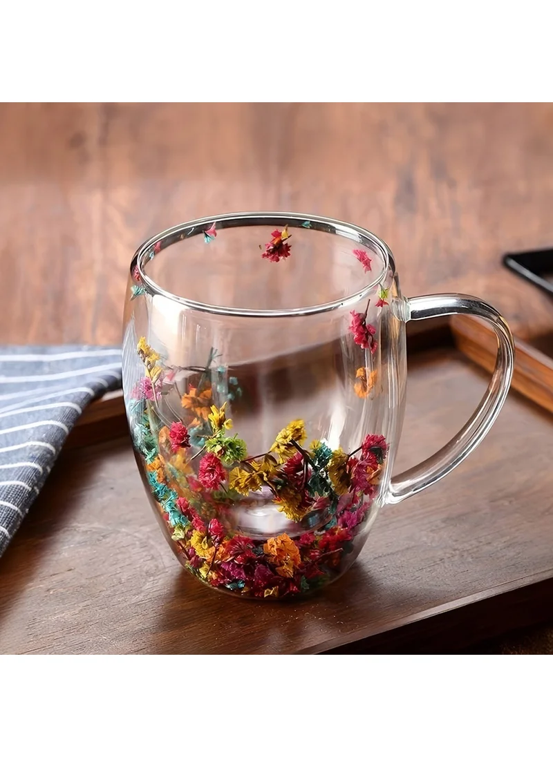 Bizimevde Double Walled 350ML Glass Mug with Handle - Floral