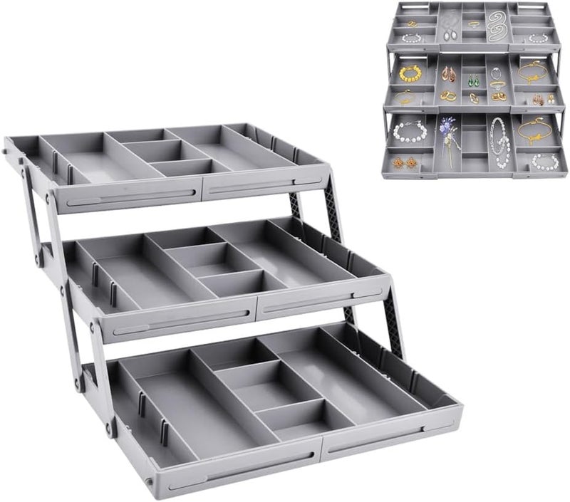 Conziv 3 Tier Drawer Organizer Collapsible Small Drawer Organizer Multi Level Shallow Drawer Organizer Expandable for Makeup Jewelry Office Desk DrawersGrey - Image 4