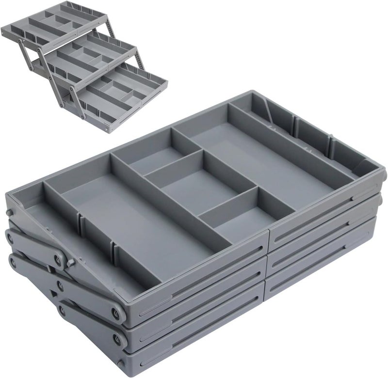 Conziv 3 Tier Drawer Organizer Collapsible Small Drawer Organizer Multi Level Shallow Drawer Organizer Expandable for Makeup Jewelry Office Desk DrawersGrey - Image 1