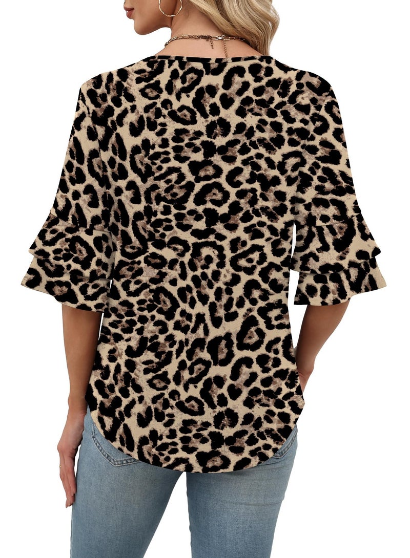 OFEEFAN Fashion Clothing Spring Blouses for Women Dressy Casual Half Sleeve Fall Clothes Vacation Outfits 3/4 Length Sleeve Womens Tops Leopard Print L - Image 5
