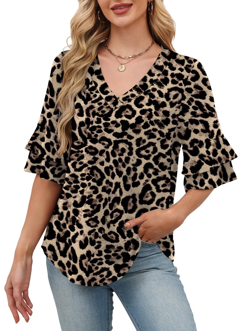 OFEEFAN Fashion Clothing Spring Blouses for Women Dressy Casual Half Sleeve Fall Clothes Vacation Outfits 3/4 Length Sleeve Womens Tops Leopard Print L - Image 2