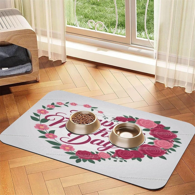Dog Food Mat Happy Mother's Day Floral Gift for Mom Rose Absorbent Water Bowl Mats Cat Pet Feeding Placemats 24x16In - Image 2