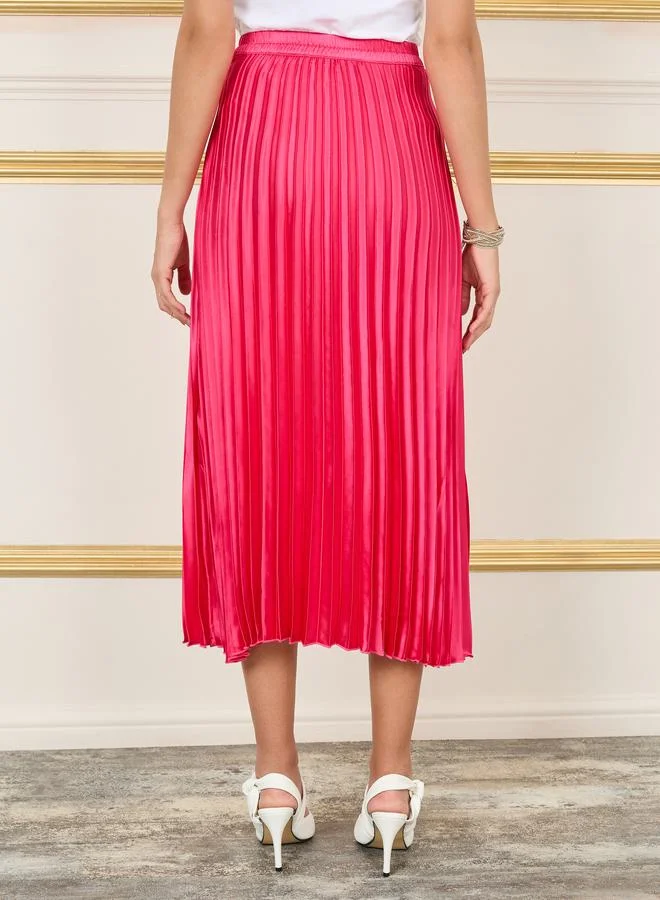 Styli Satin High Rise Pleated Midi Skirt