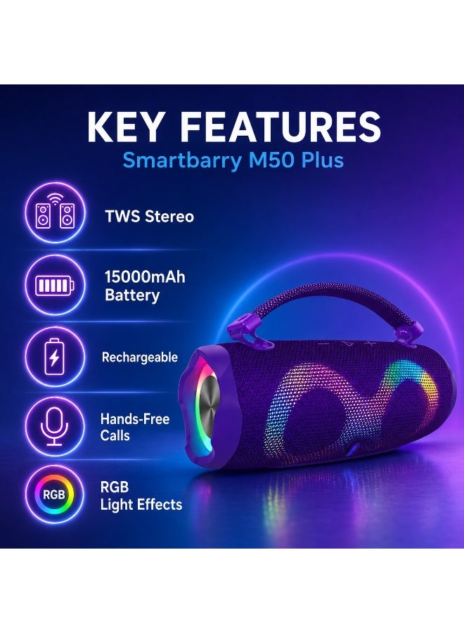Smartbarry M50 Plus Portable Wireless Speaker Purple RGB Light, Deep Bass Sound, 15000mAh Battery, TWS Stereo Pairing, Bluetooth Speaker with Hands-Free Calling, Rechargeable Outdoor Party Audio System - Image 2