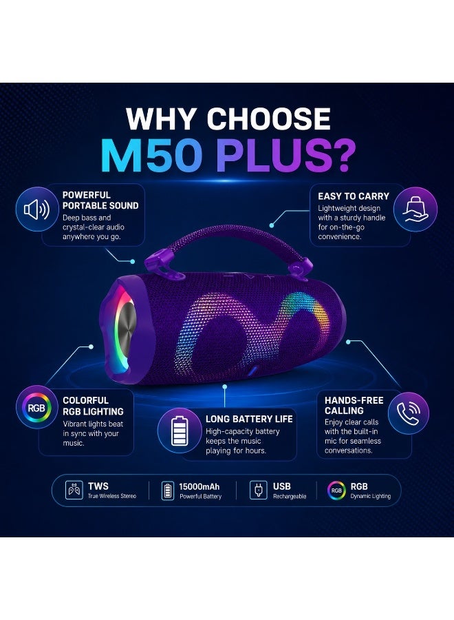 Smartbarry M50 Plus Portable Wireless Speaker Purple RGB Light, Deep Bass Sound, 15000mAh Battery, TWS Stereo Pairing, Bluetooth Speaker with Hands-Free Calling, Rechargeable Outdoor Party Audio System - Image 4
