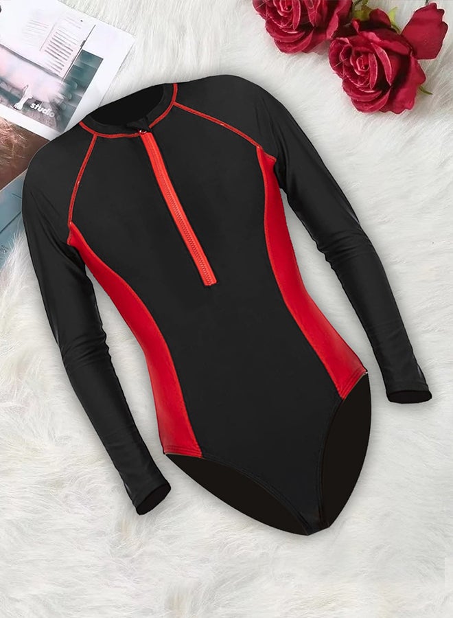 MARGOUN XL Size Surf suit for women long sleeve rash guard women's surf suit one piece swimsuit tight front zip top striped swimming shirts wetsuits Red / XL(Bust 96-101/Waist 76-81/Hip 101-106)