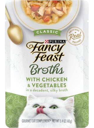Purina Fancy Feast Broths Chicken and Vegetables in a Decadent Silky Broth, 40 gm (Pack of 16)