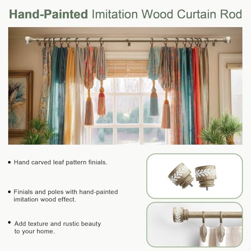 QDWIS Imitation Weathered Wood Grain Curtain Rods for Windows 28 to 48 inch 1" Modern Adjustable Heavy Duty Curtain Rod Boho Decorative Drapery Rods Set for Living Room Bedroom Rustic Outdoor - Image 4