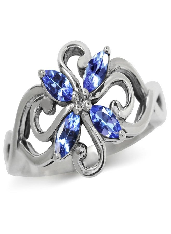 Silvershake Genuine Tanzanite 925 Sterling Silver Victorian Style Flower Ring Size 7.5 - Image 1