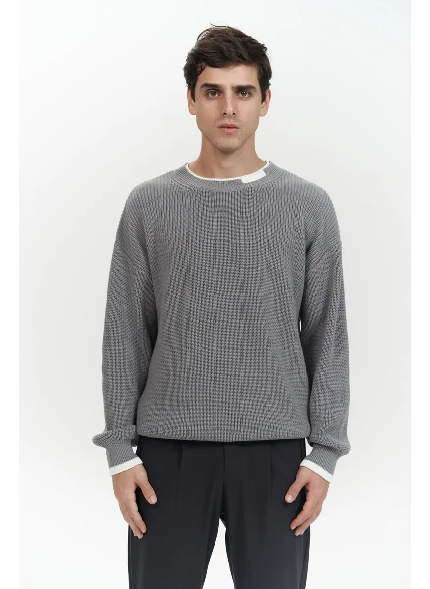 Mai Collection Carter Double Collar Detailed Gray Men's Knitwear Sweater