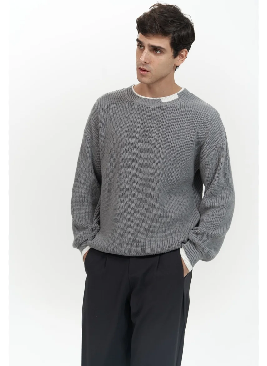 Mai Collection Carter Double Collar Detailed Gray Men's Knitwear Sweater