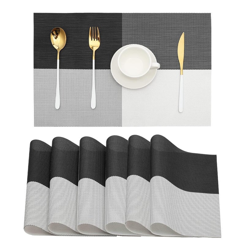JELLEX Placemats Set of 6 Black and White Placemats HeatResistant Washable Vinyl Woven Table Mats Wipeable Placemat for Kitchen Dining Table Decoration Indoor Outdoor - Image 1