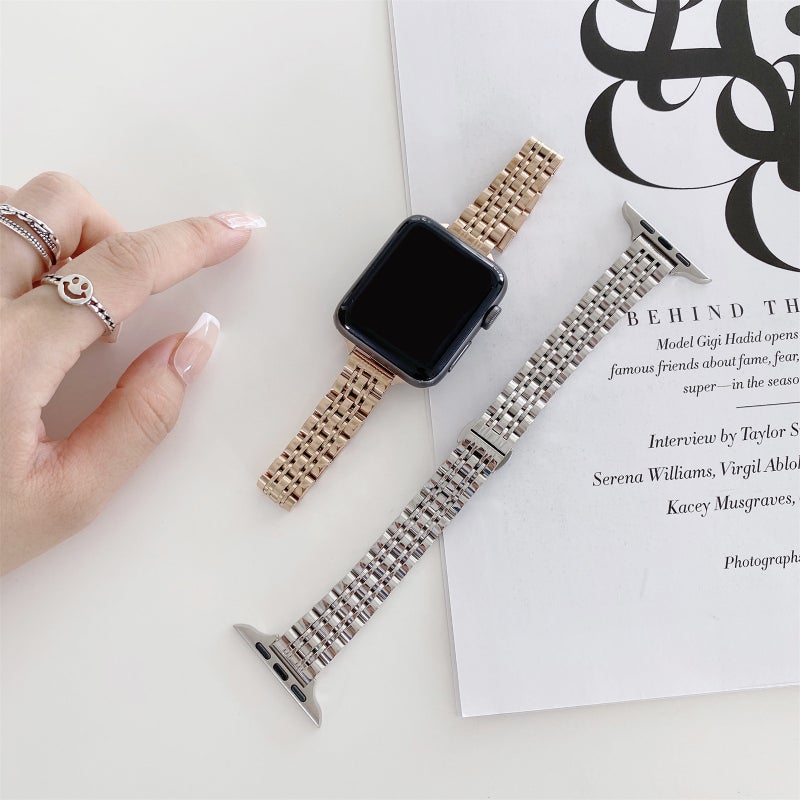 Seven-Beads Steel Watch Band For Apple Watch Ultra 49Mmu0026Watch Ultra 2 49Mm / Series 9u00268u00267 45Mm / Se 3u0026Se 2u00266u0026Seu00265u00264 44Mm / 3u00262u00261 42Mm(Gold) - Image 1