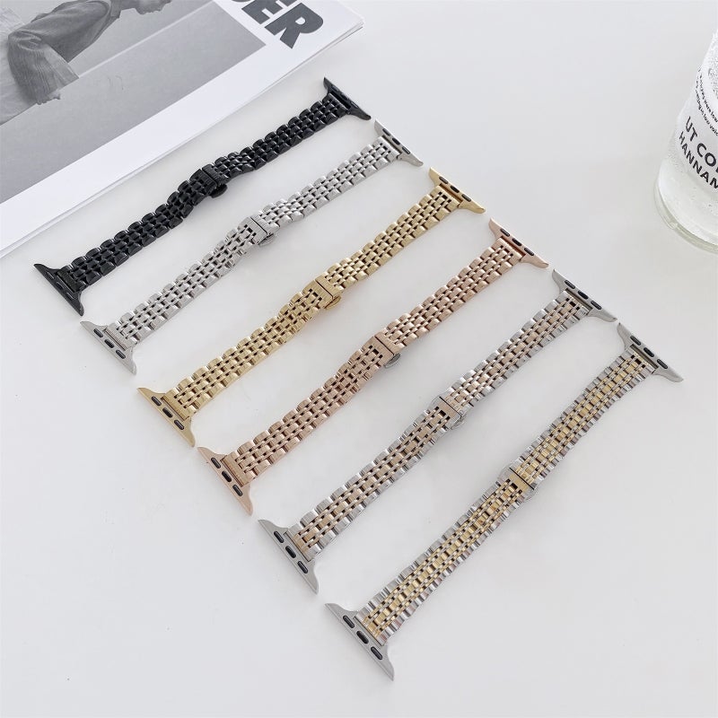 Seven-Beads Steel Watch Band For Apple Watch Ultra 49Mmu0026Watch Ultra 2 49Mm / Series 9u00268u00267 45Mm / Se 3u0026Se 2u00266u0026Seu00265u00264 44Mm / 3u00262u00261 42Mm(Gold) - Image 4