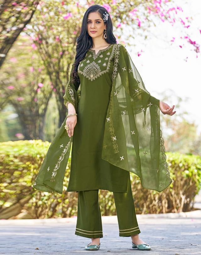 SIRIL Rayon Suit Set for Women | Sequence Embroidery Kurta with Pant & Dupatta | Straight Kurta Set (129KBD1395A-XXL_Mehndi Green) - Image 2