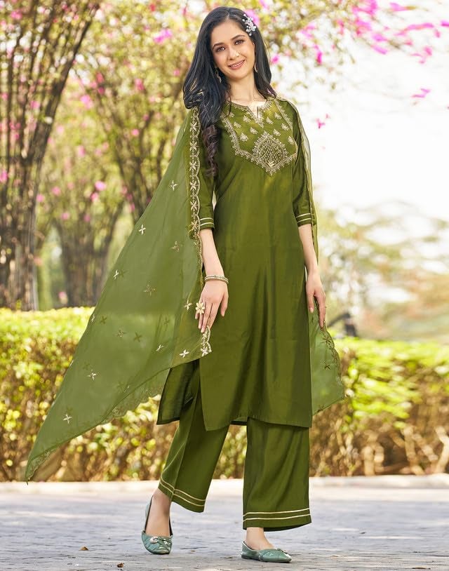 SIRIL Rayon Suit Set for Women | Sequence Embroidery Kurta with Pant & Dupatta | Straight Kurta Set (129KBD1395A-XXL_Mehndi Green) - Image 3