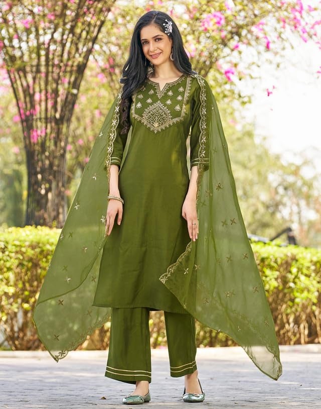 SIRIL Rayon Suit Set for Women | Sequence Embroidery Kurta with Pant & Dupatta | Straight Kurta Set (129KBD1395A-XXL_Mehndi Green) - Image 4