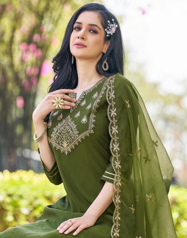 SIRIL Rayon Suit Set for Women | Sequence Embroidery Kurta with Pant & Dupatta | Straight Kurta Set (129KBD1395A-XXL_Mehndi Green) - Image 5