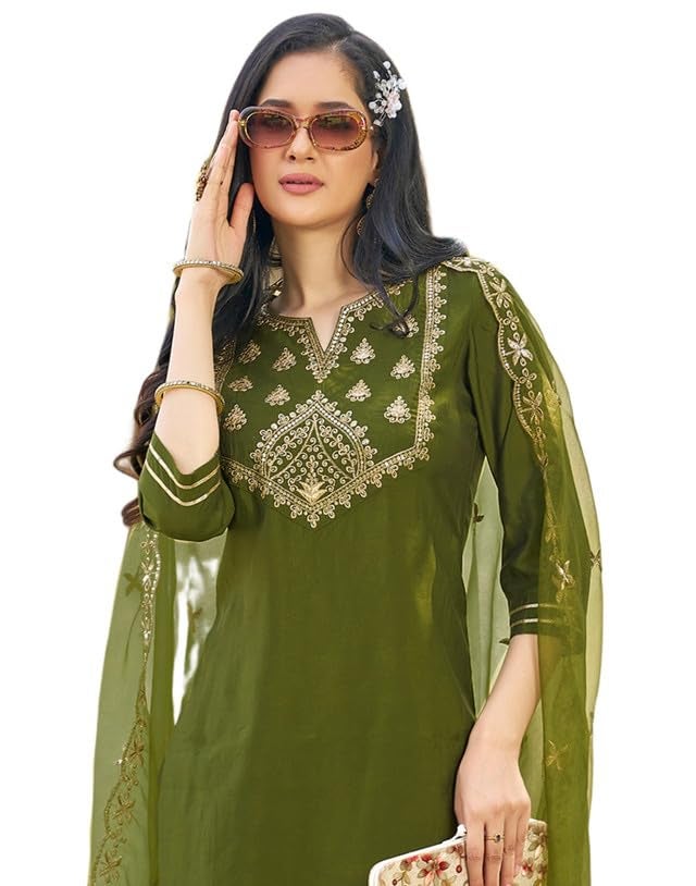 SIRIL Rayon Suit Set for Women | Sequence Embroidery Kurta with Pant & Dupatta | Straight Kurta Set (129KBD1395A-XXL_Mehndi Green) - Image 1