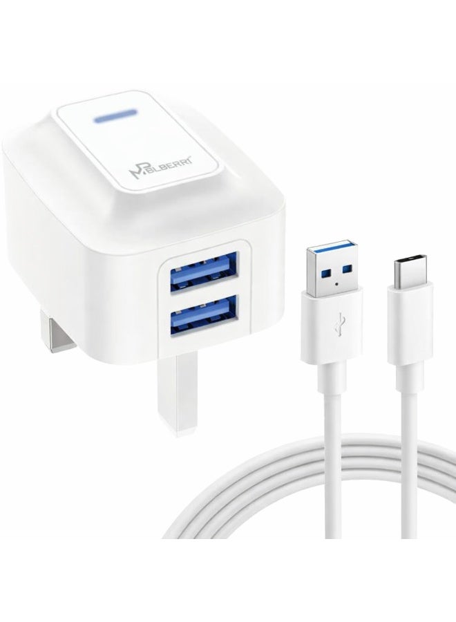 mpBLBERRI Dual USB Wall Charger 2.4A Fast Charging UK Plug with USB-C Cable – 2 Port Power Adapter for Android, Type-C Smartphones & Tablets - Image 1