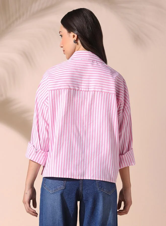 Dennis Lingo Women's Pink 100% Cotton Striped Button Down Relaxed Shirt