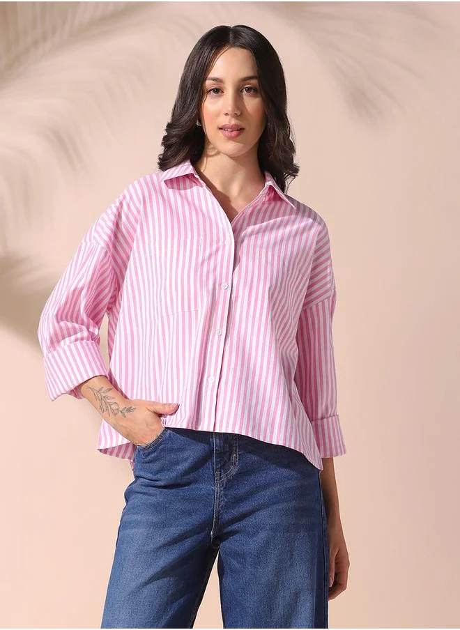 دينيس لينغو Women pink relaxed fit striped full sleeves button down cotton shirts with button closure featuring a spread collar- where comfort meets classic charm.