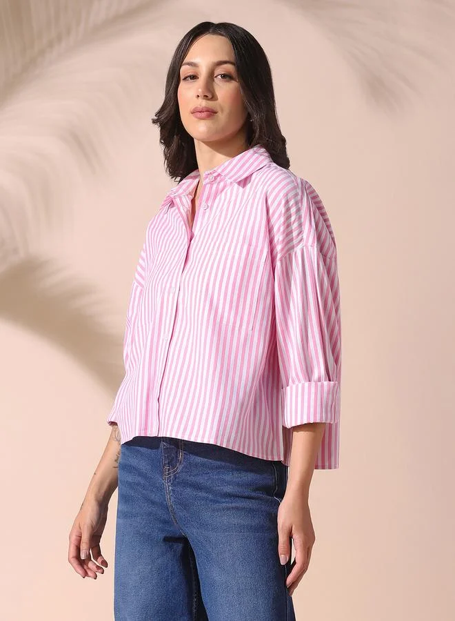Dennis Lingo Women's Pink 100% Cotton Striped Button Down Relaxed Shirt