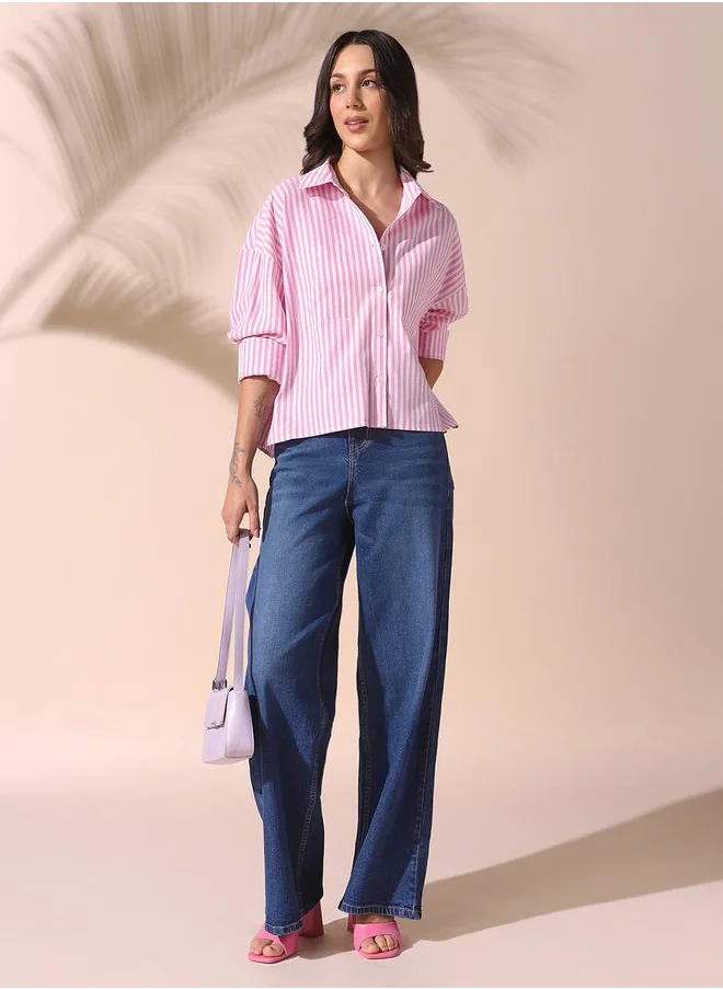 دينيس لينغو Women pink relaxed fit striped full sleeves button down cotton shirts with button closure featuring a spread collar- where comfort meets classic charm.