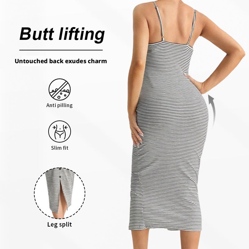Striped Knit Maternity Sleeveless Dress with Side Slit, V-Neck Bodycon, Sweet & Fresh - Image 2