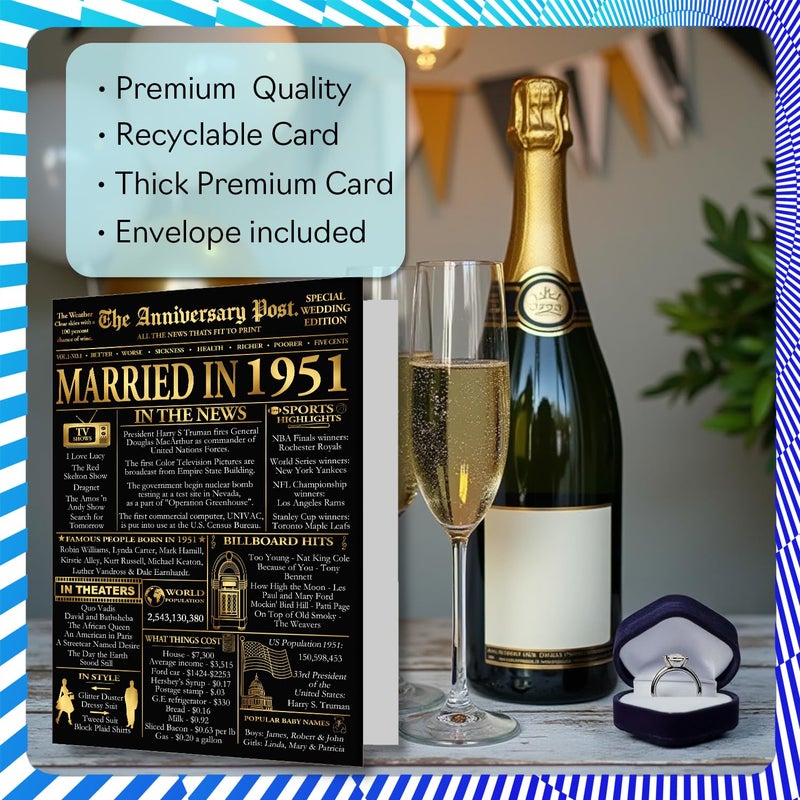 Stuff4 Gold بطاقة الذكرى السنوية الخامسة والسبعين للرجال والنساء - Golden Newspaper Married in 1951-75 سنة بطاقة الذكرى السنوية للزفاف للزوج والزوجة والشريك والرفيق A5 الذكرى السنوية لبطاقات التهنئة - Image 3