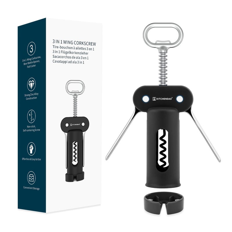 KITCHENDAO 3 in 1 Wing Corkscrew Wine Bottle Opener with Foil Cutter Builtin Beer Bottle Opener Multifunctional Wine Opener with NonStick Sharp Screw Easy to Use Manual Wine Corkscrew Black - Image 2