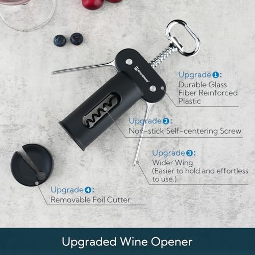 KITCHENDAO 3 in 1 Wing Corkscrew Wine Bottle Opener with Foil Cutter Builtin Beer Bottle Opener Multifunctional Wine Opener with NonStick Sharp Screw Easy to Use Manual Wine Corkscrew Black - Image 3