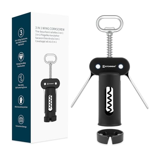 KITCHENDAO 3 in 1 Wing Corkscrew Wine Bottle Opener with Foil Cutter Builtin Beer Bottle Opener Multifunctional Wine Opener with NonStick Sharp Screw Easy to Use Manual Wine Corkscrew Black - Image 1