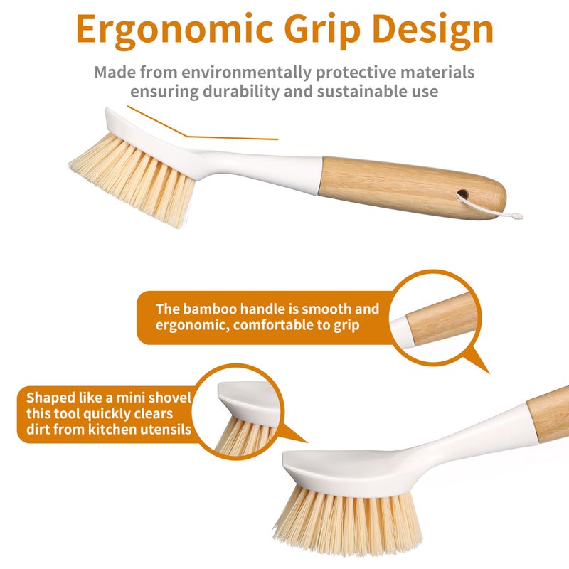 Songtaste 2 Pack Kitchen Dish Brush Bamboo Handle Dish Scrubber Built-in Scraper, Scrub Brush for Pans, Pots, Kitchen Sink Cleaning, Dishwashing and Cleaning Brushes are Perfect Cleaning Tools, White - Image 4