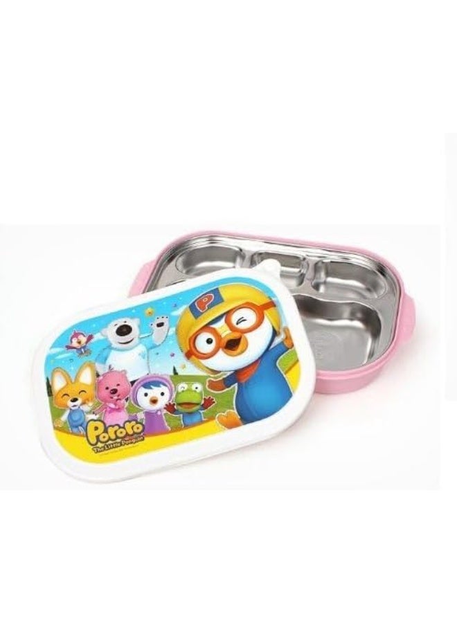Pororo بورورو، صينية طعام مقسمة من الفولاذ المقاوم للصدأ محمولة، صينية مع غطاء باللون الوردي، مصنوعة في كوريا - Image 2