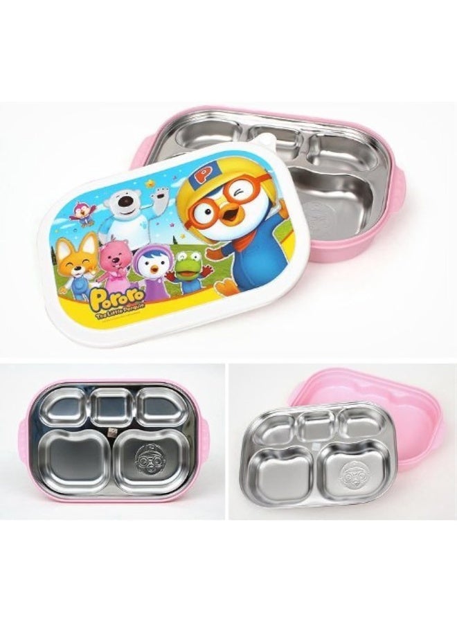 Pororo بورورو، صينية طعام مقسمة من الفولاذ المقاوم للصدأ محمولة، صينية مع غطاء باللون الوردي، مصنوعة في كوريا - Image 1
