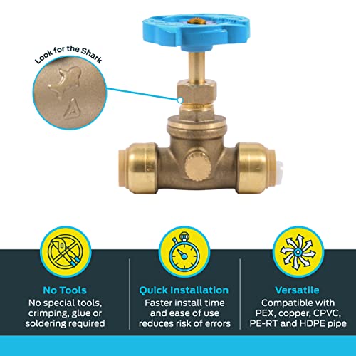 SharkBite 1/2 Inch Stop Valve with Drain and Vent, Push to Connect Brass Plumbing Fitting, PEX Pipe, Copper, CPVC, PE-RT, HDPE, 24634LF - Image 3
