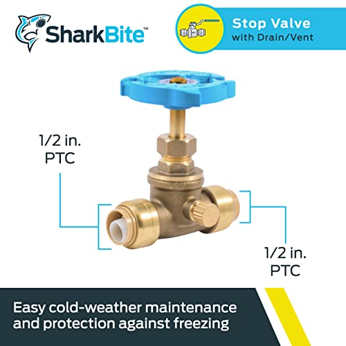 SharkBite 1/2 Inch Stop Valve with Drain and Vent, Push to Connect Brass Plumbing Fitting, PEX Pipe, Copper, CPVC, PE-RT, HDPE, 24634LF - Image 2