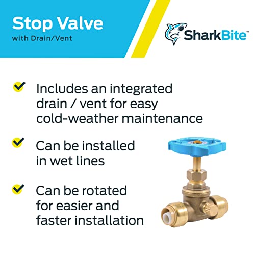 SharkBite 1/2 Inch Stop Valve with Drain and Vent, Push to Connect Brass Plumbing Fitting, PEX Pipe, Copper, CPVC, PE-RT, HDPE, 24634LF - Image 4