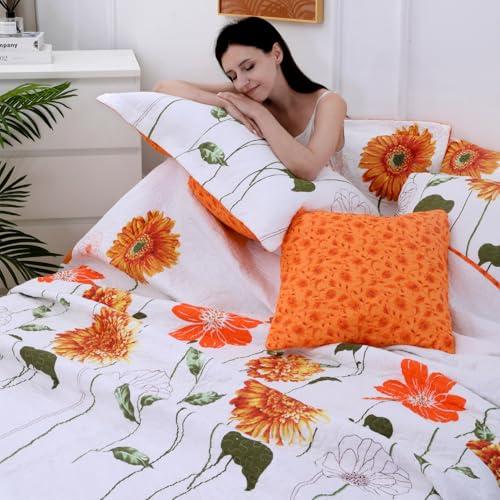 EVENHUG 100% Cotton Quilt King Size Orange Sunflower Bedding Set Floral Lightweight Quilt Reversible Coverlet Bedspread with 2 Pillow Shams All Seasons 3 Pieces (106”X96”) - Image 3