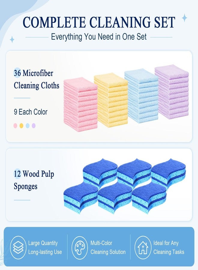 Singhoow 48 Pack Microfiber Cleaning Cloth Kit 36 Cleaning Microfiber Towels and 12 Non-Scratch Dish Sponge Reusable Lint-Free Towels 10" x 10" for Kitchen Cars House Automotive - Image 2