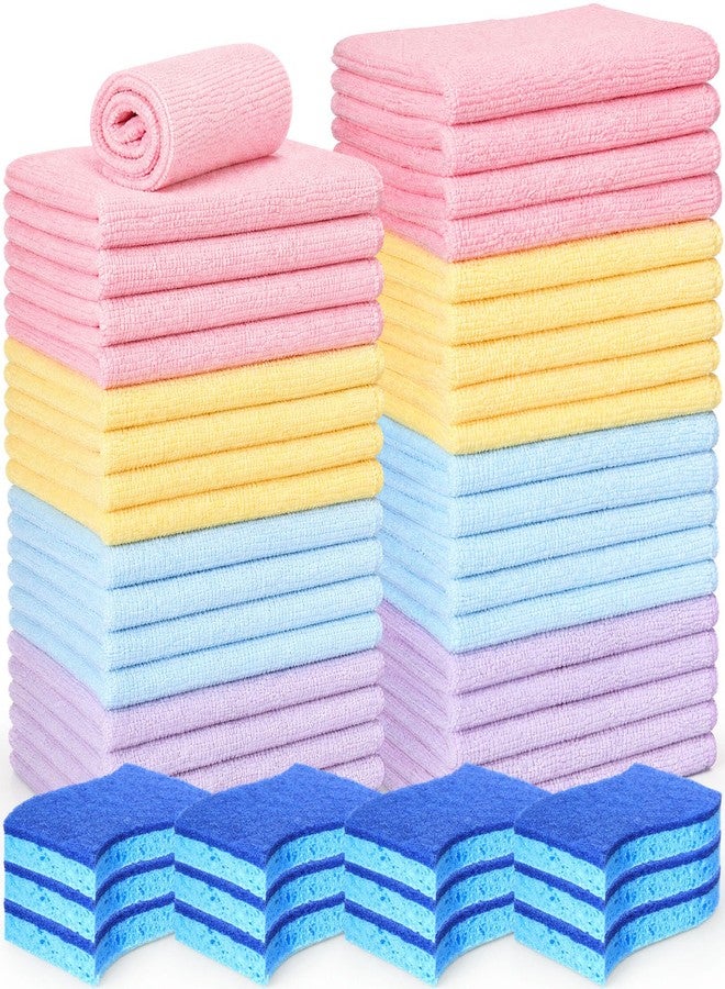 Singhoow 48 Pack Microfiber Cleaning Cloth Kit 36 Cleaning Microfiber Towels and 12 Non-Scratch Dish Sponge Reusable Lint-Free Towels 10" x 10" for Kitchen Cars House Automotive - Image 1