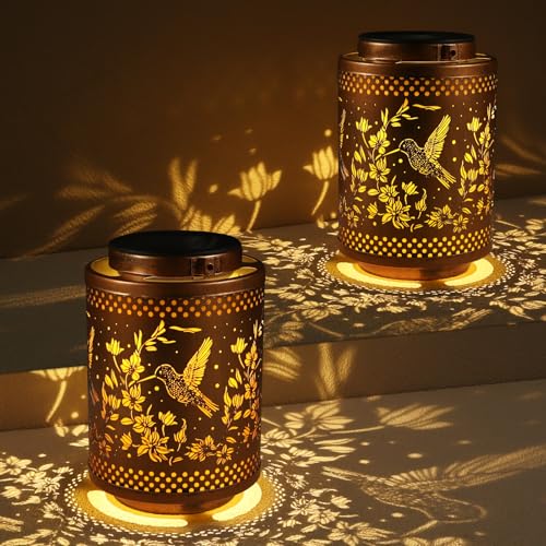 Tepaken 2 Pack Hummingbird Solar Lanterns Garden Decor Birthday Gifts for Women Mon Grandma Metal Hanging Solar Lights Waterproof Outdoor Decoration for Outside LED Lanterns for Yard - Image 1