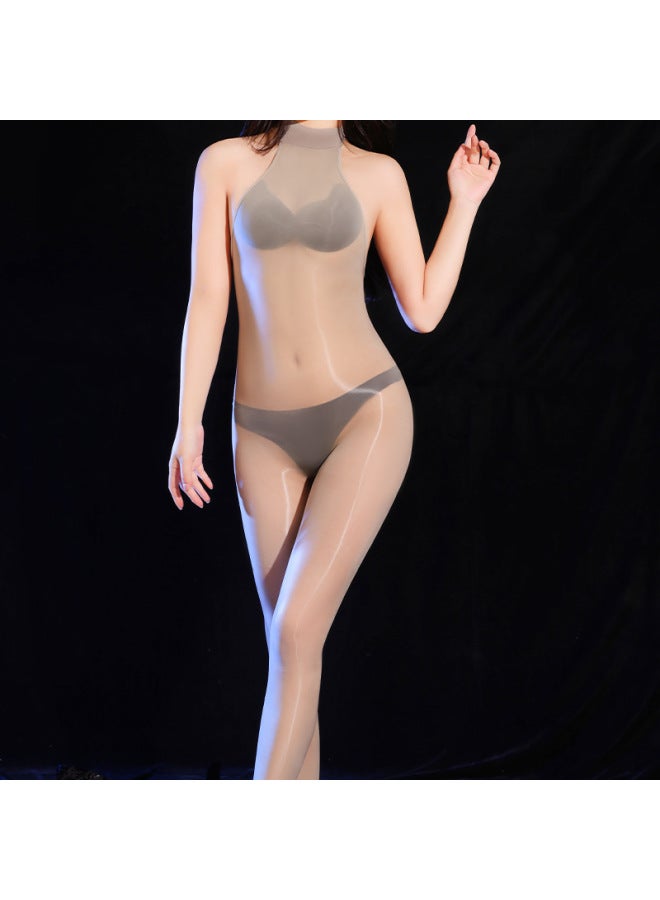 Oil Bright Silk Stockings Full Body Jompsuit For Women And Men Open Crotch Belt Jj Set Silk Plus Size Fun 5d Ultra-thin Tights