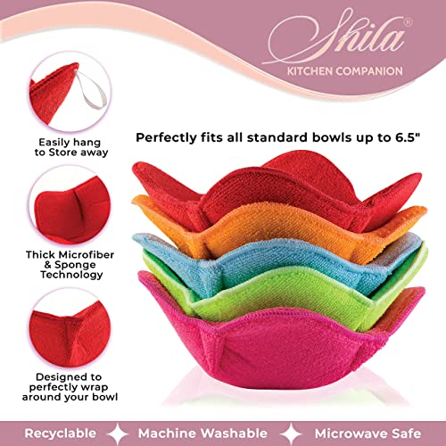 SHILA Bowl Snuggies, Multicolor Set of 5 Microwave-Safe Hot Bowl Holders to Keep Your Hands Cool and Your Food Warm, Polyester & Sponge Heat Resistant Dish Pads for Soup, Rice and Pasta - Image 3