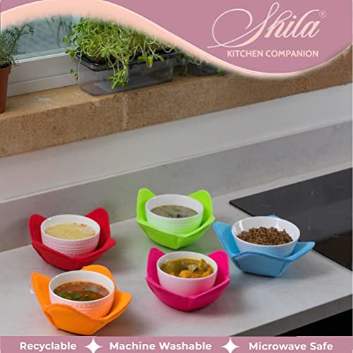 SHILA Bowl Snuggies, Multicolor Set of 5 Microwave-Safe Hot Bowl Holders to Keep Your Hands Cool and Your Food Warm, Polyester & Sponge Heat Resistant Dish Pads for Soup, Rice and Pasta - Image 4